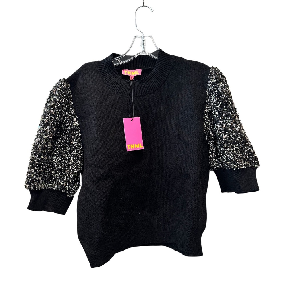 NWT THML Black Sweater 3/4 Sequined Sleeves Women's Size Large L